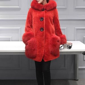 Red Faux Fur Coat with Jumbo Pockets